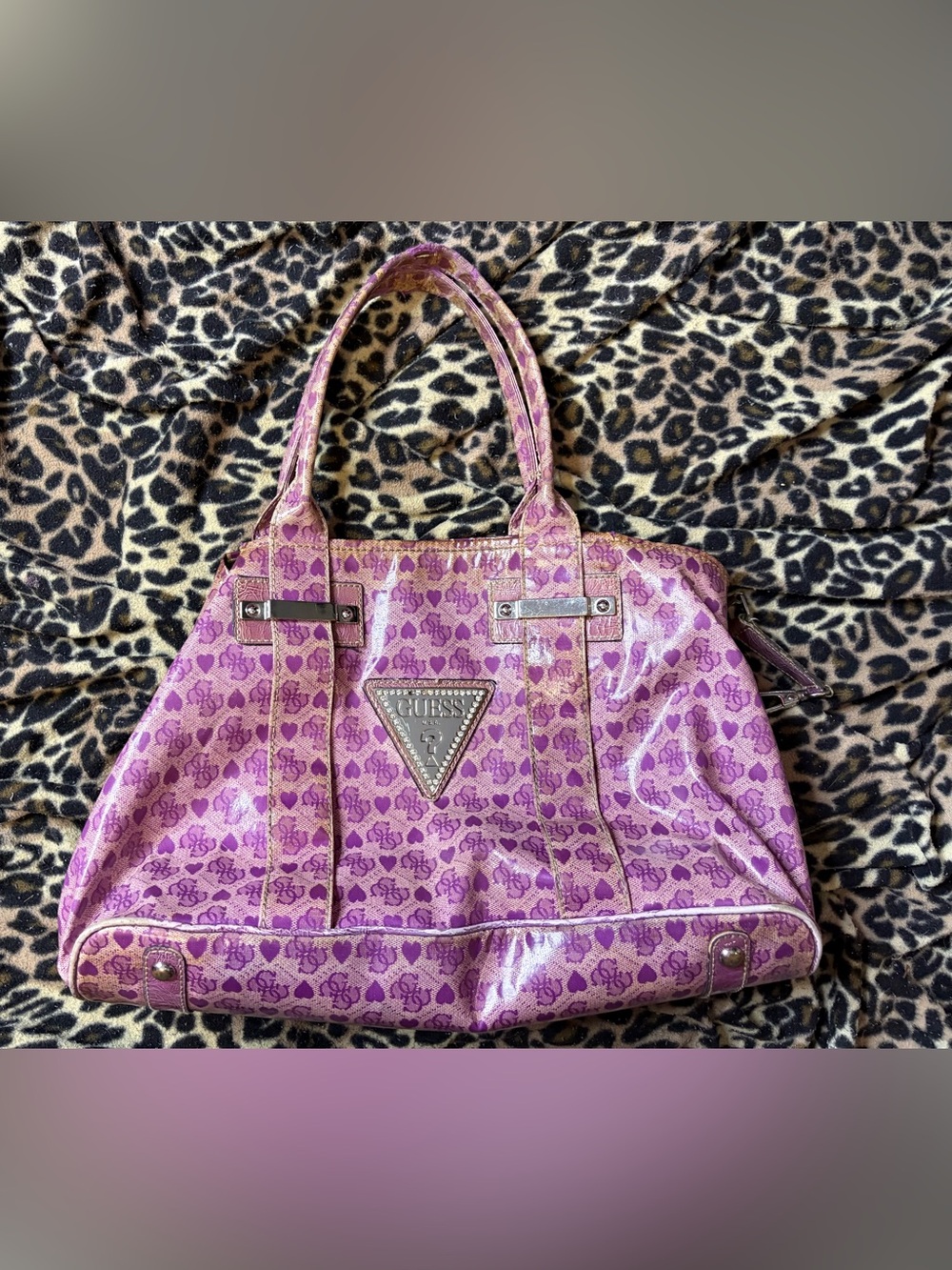 Y2K mcbling Guess Purple Pink Monogram Patent Tote
